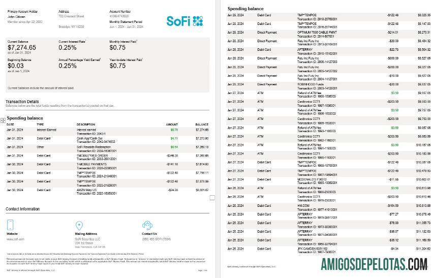 USA Sofi Bank Statement, 4 Pages modelo